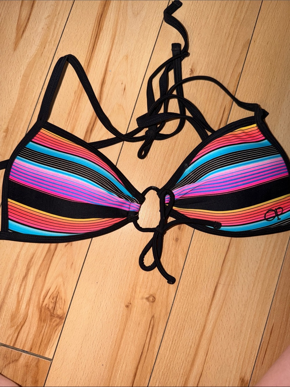 Women's Rainbow Stripe Ring-Front Bikini Top - Black